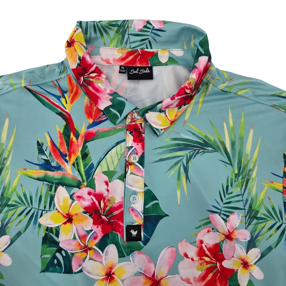 Bad Birdie Mens XL Tropical Floral Golf Polo Shirt Teal Blue Hibiscus Birdie